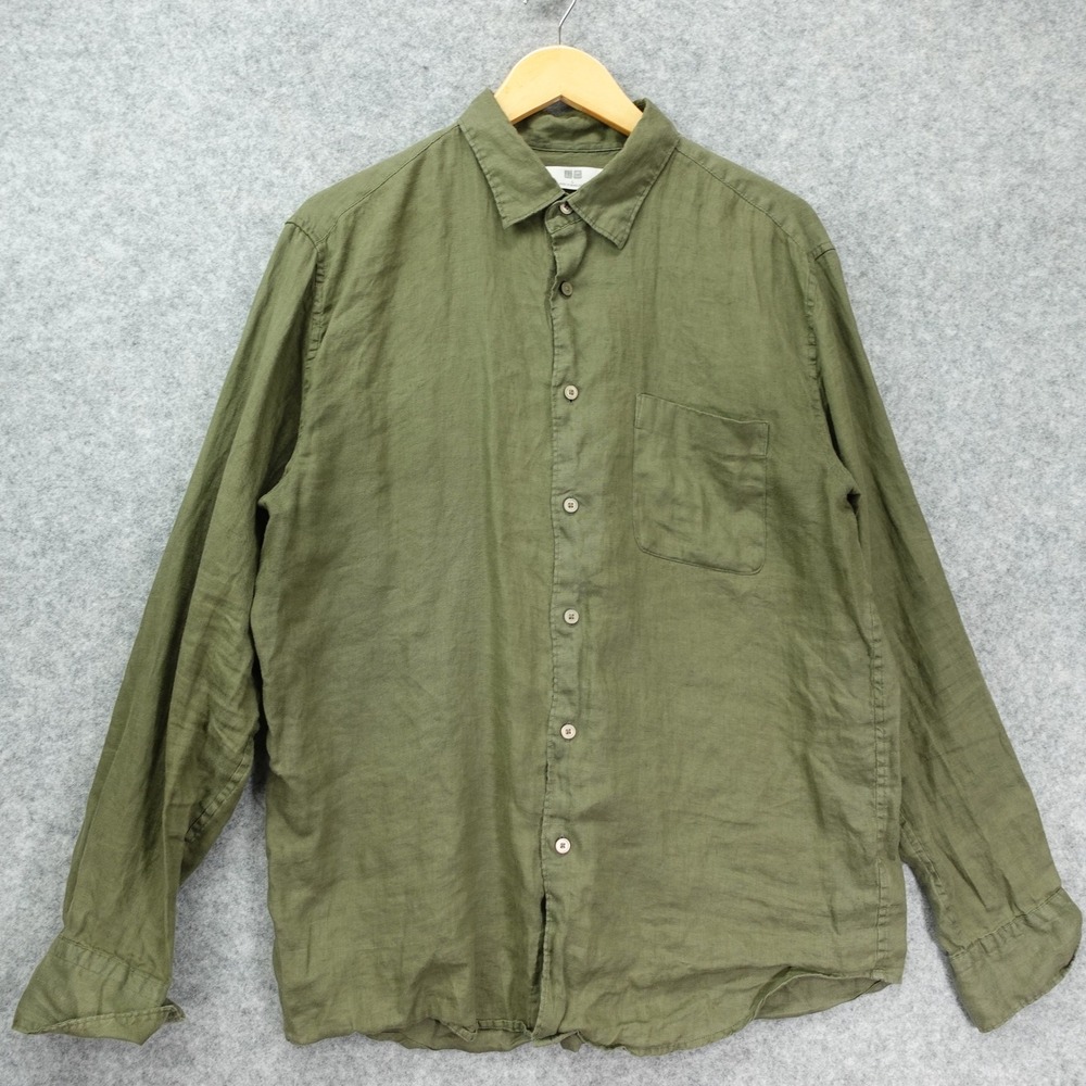 Uniqlo Premium Linen Shirt Men LARGE Olive Green European Flax Summer Minimalist